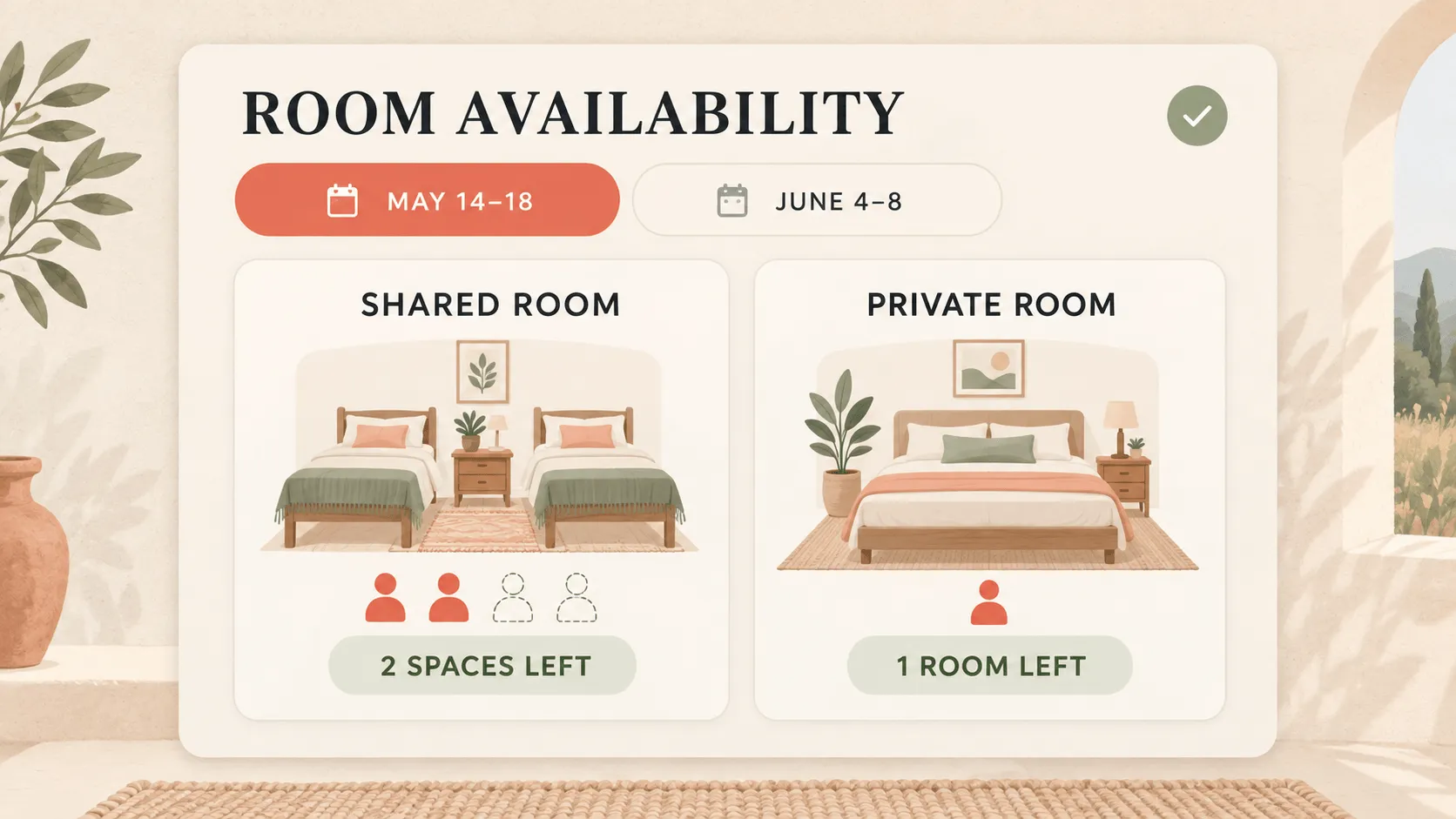 Retreat center booking software showing shared and private room inventory and remaining spaces