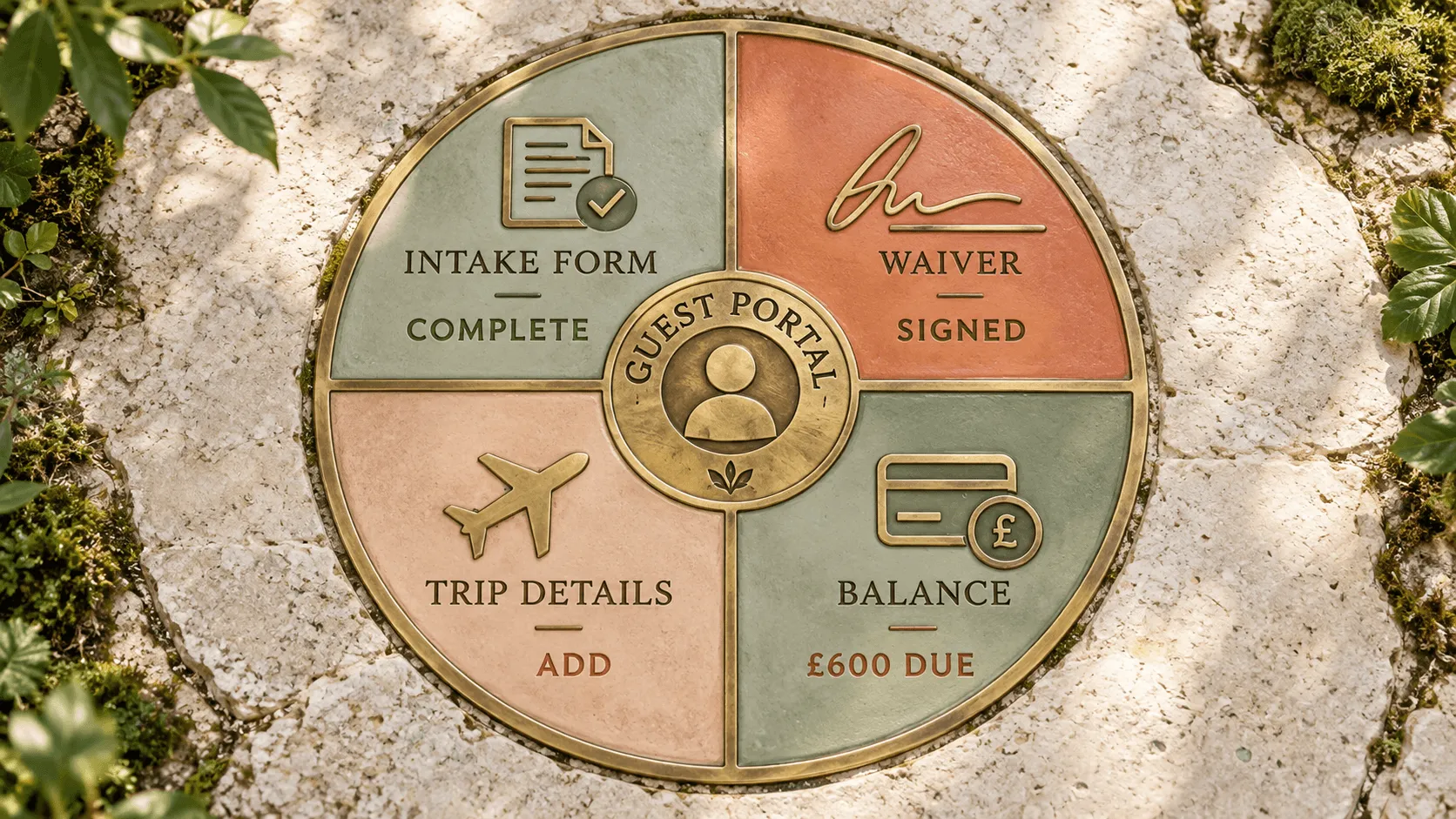 Retreat guest portal showing intake forms, waivers, trip details and payment balance