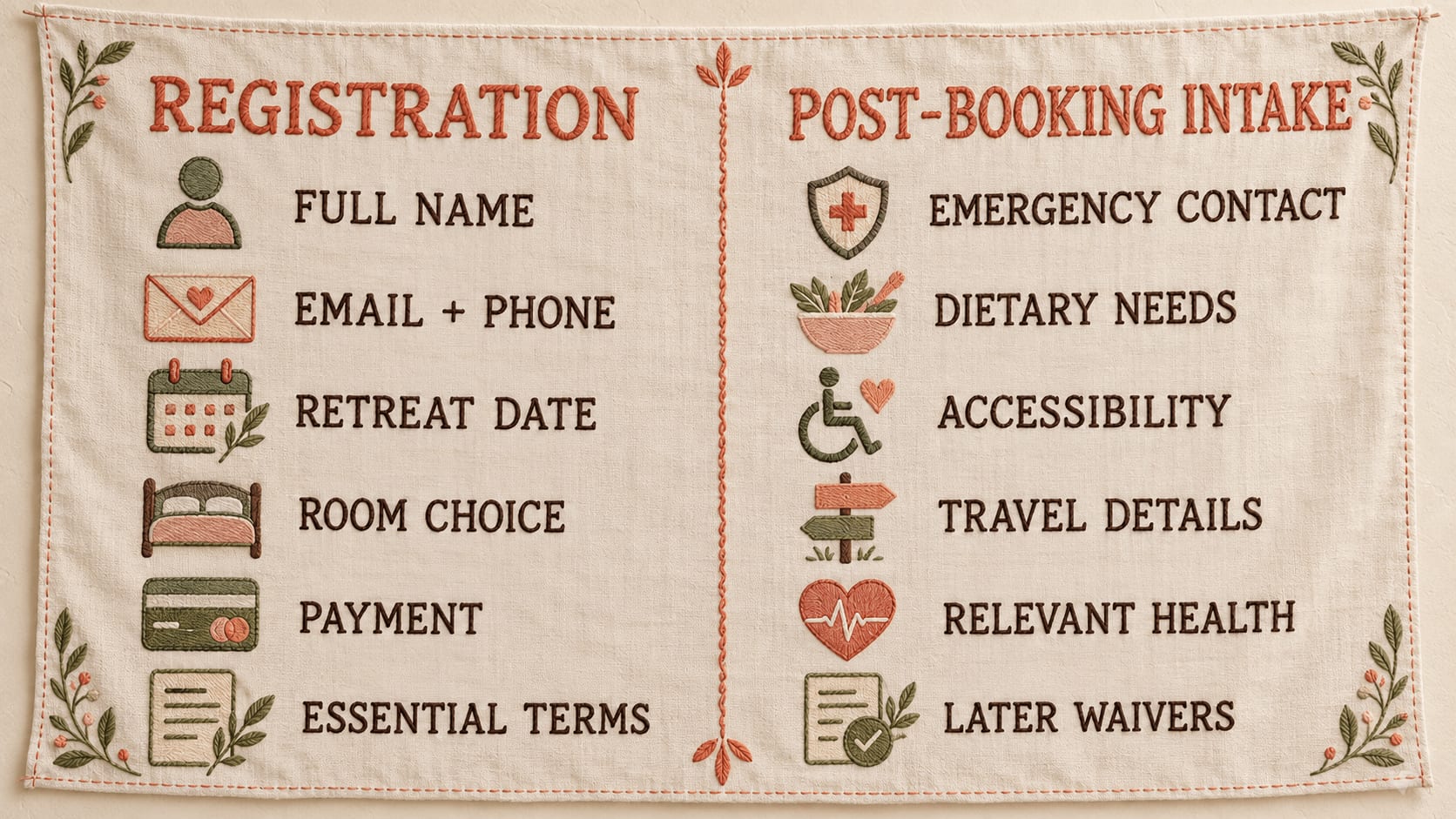 Retreat registration form fields compared with post-booking guest intake information