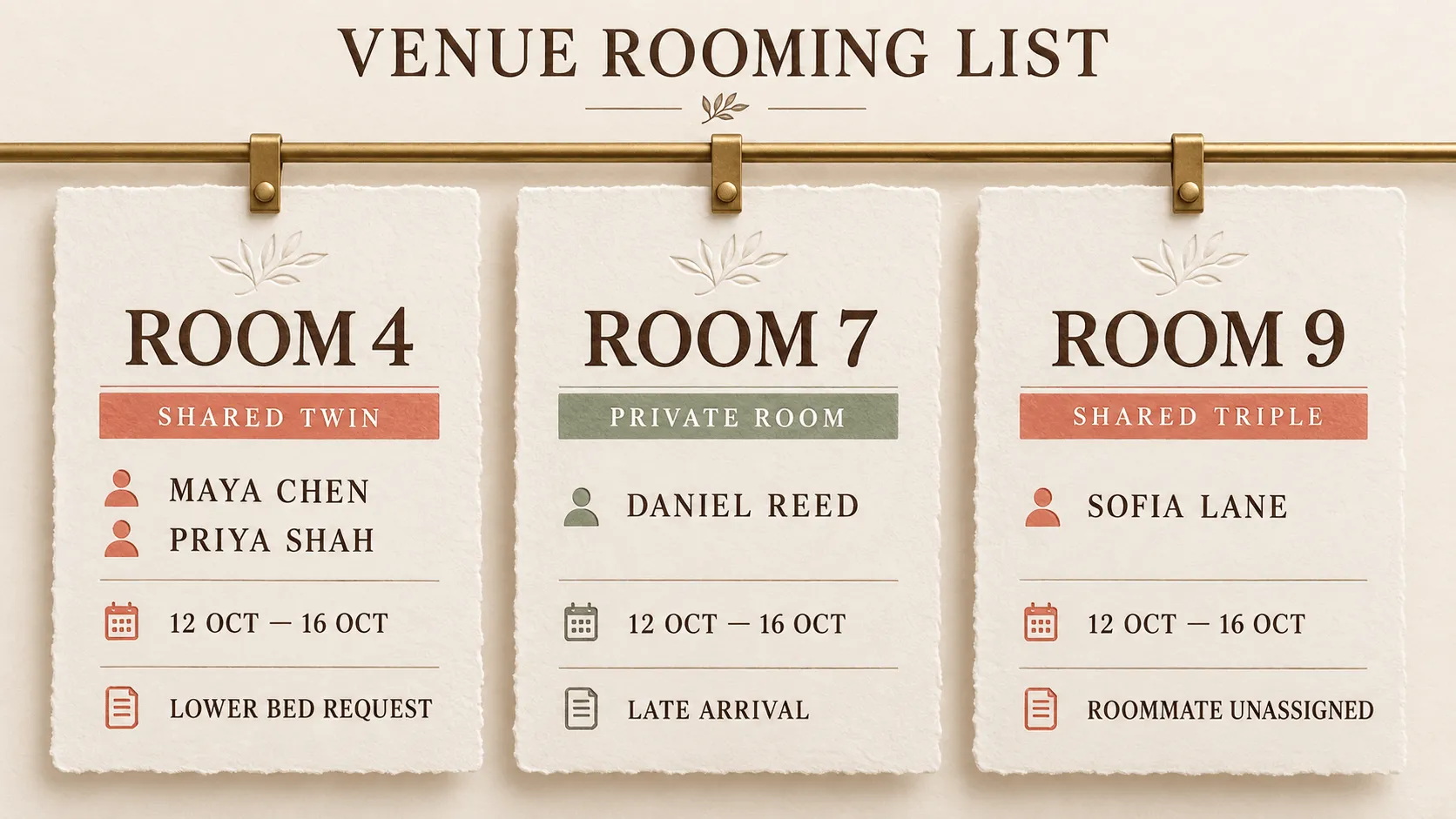 Retreat rooming list template for private and shared accommodation