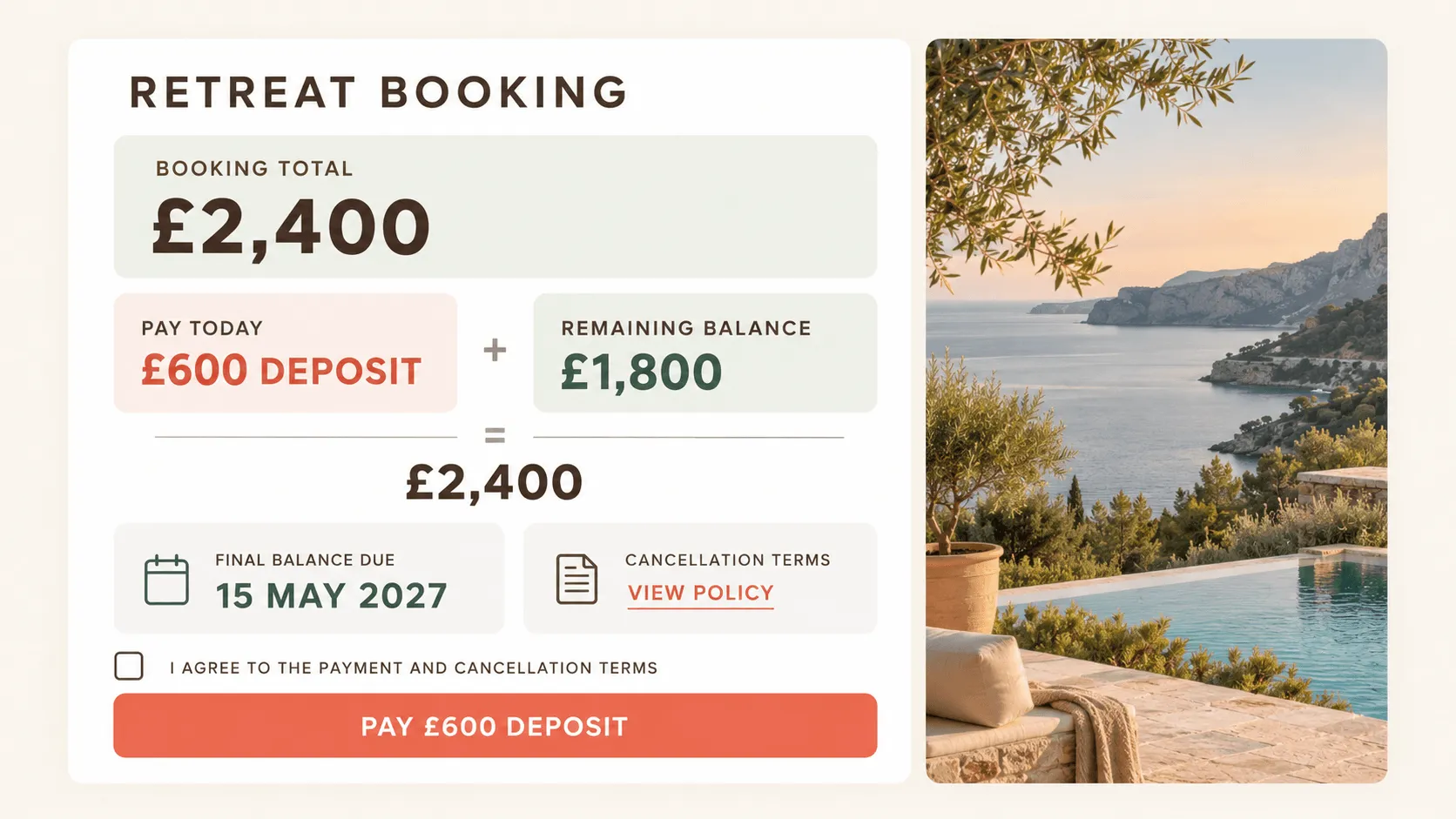 Retreat deposit policy shown in a booking checkout with deposit and remaining balance