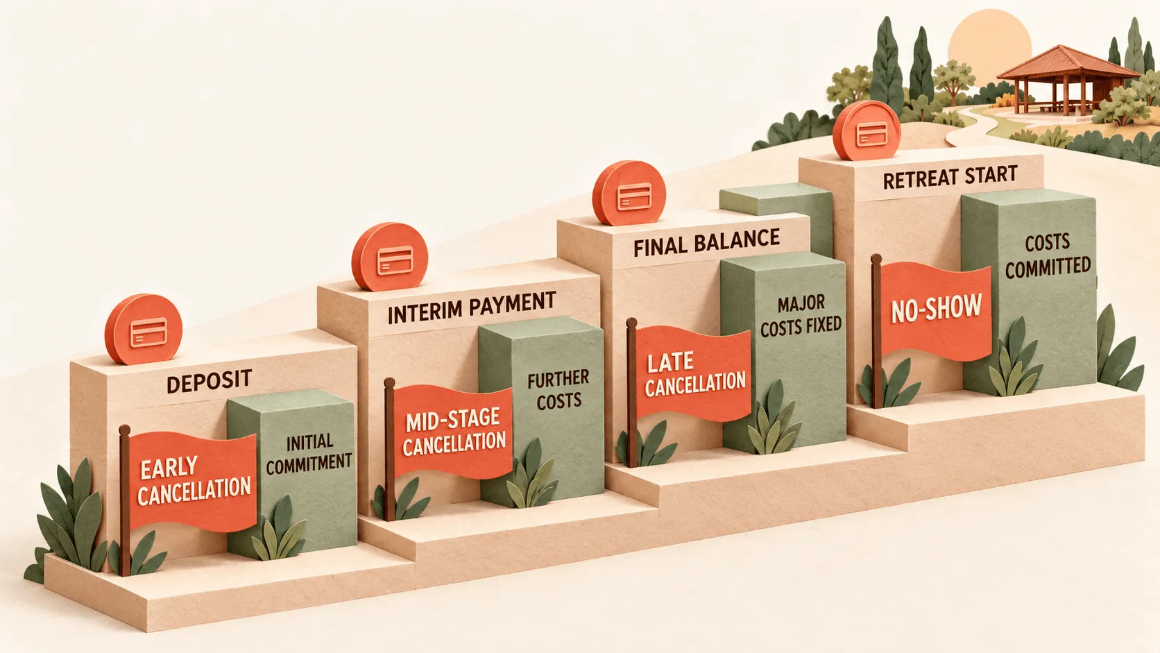 Retreat cancellation policy timeline with payment and venue commitment deadlines