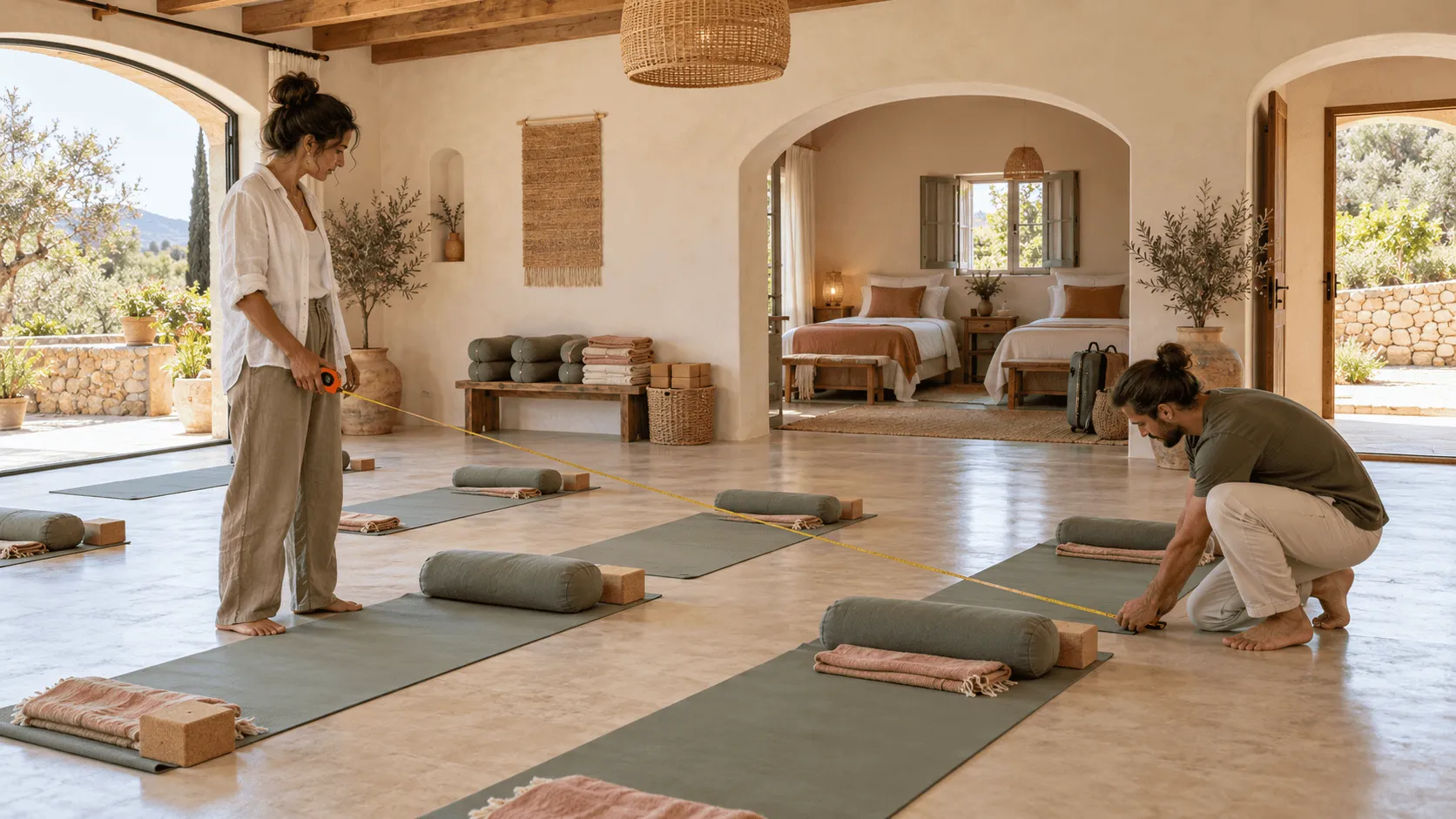 Yoga retreat planning at a venue with practice space and room setup