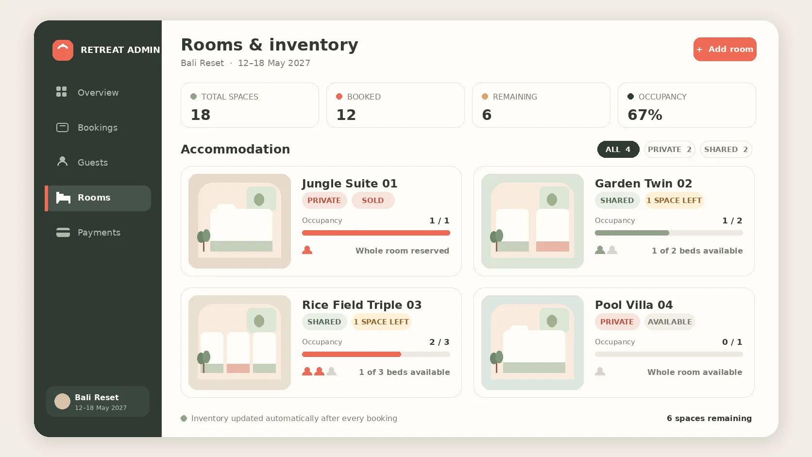 Bali retreat room bookings with private and shared room inventory